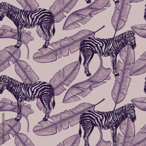 African zebra and banana leaf seamless pattern. Retro tropical animals in engraving style.