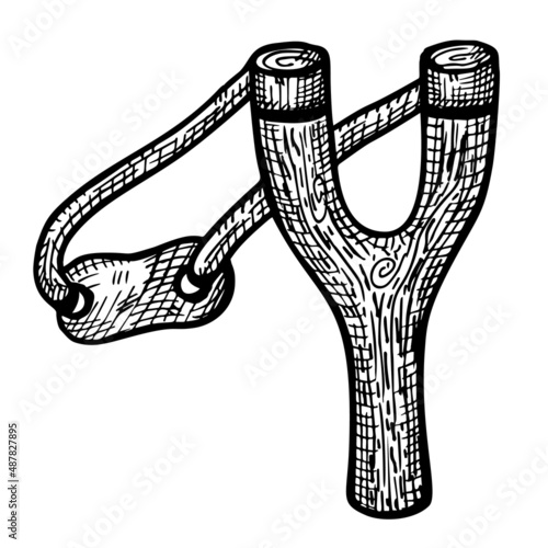 Slingshot sketched isolated. Vintage boy toy in hand drawn style.