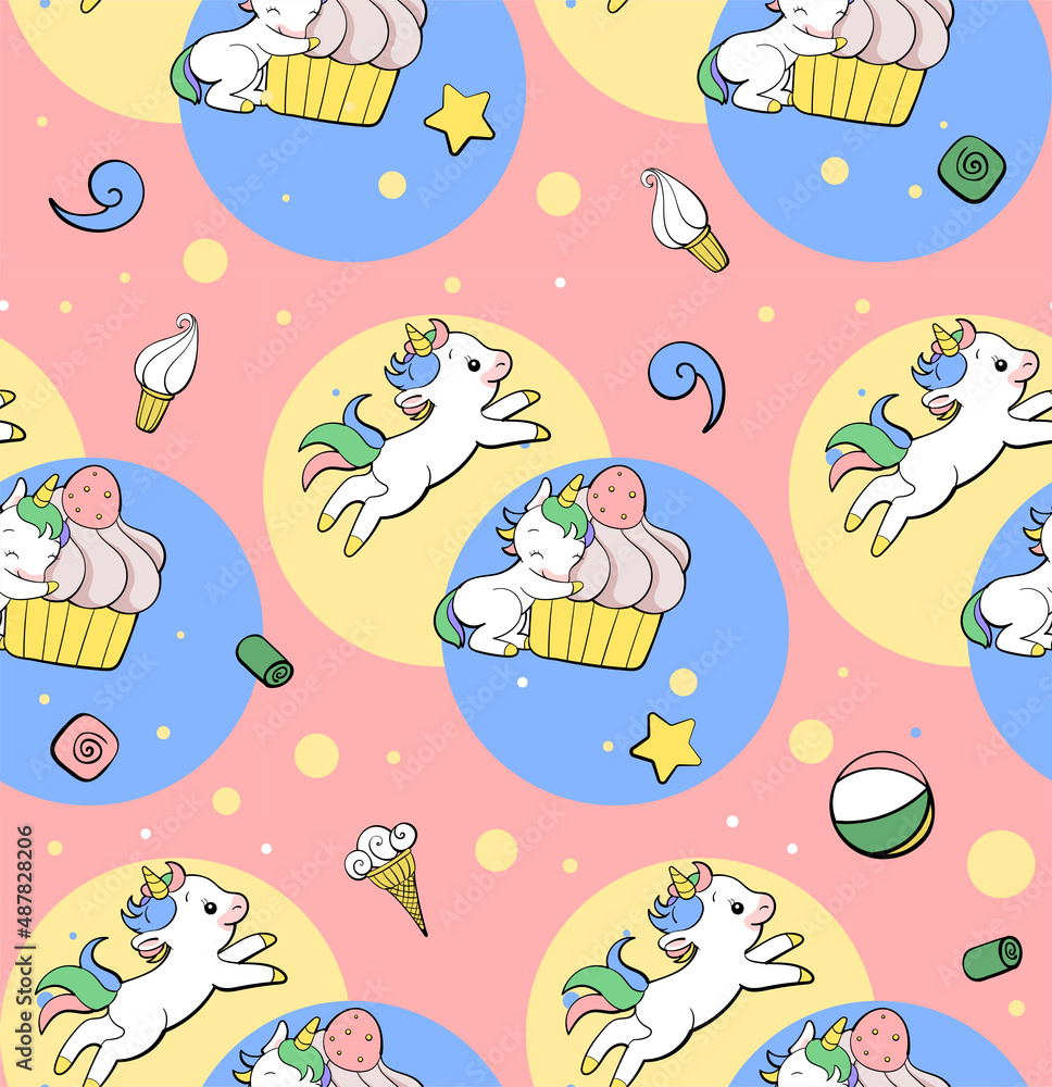 Seamless vector pattern with cute unicorns on vibrant background. Perfect for textile, wallpaper or print design. Seamless vector pattern with cute unicorns on vibrant background. Perfect for textile, wallpaper or print design.