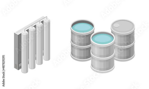 Water Poured in Cylindrical Metal Tanks for Storage Isometric Vector Illustration Set