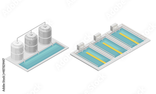 Water Purification Process with Filtration and Distillation in Cylindrical Tank and Reservoir Isometric Vector Set