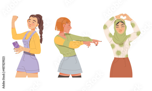 Female Showing Hand Gesture Feeling Happiness and Excitement Vector Illustration Set