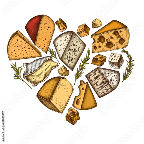 Cheese heart vintage design. Hand drawn brie, gouda cheese, roquefort, parmigiano reggiano, maasdam, gorgonzola, emmental.