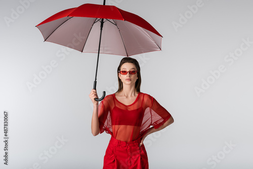 young woman in trendy outfit and red sunglasses standing with hand on hip under umbrella isolated on grey.