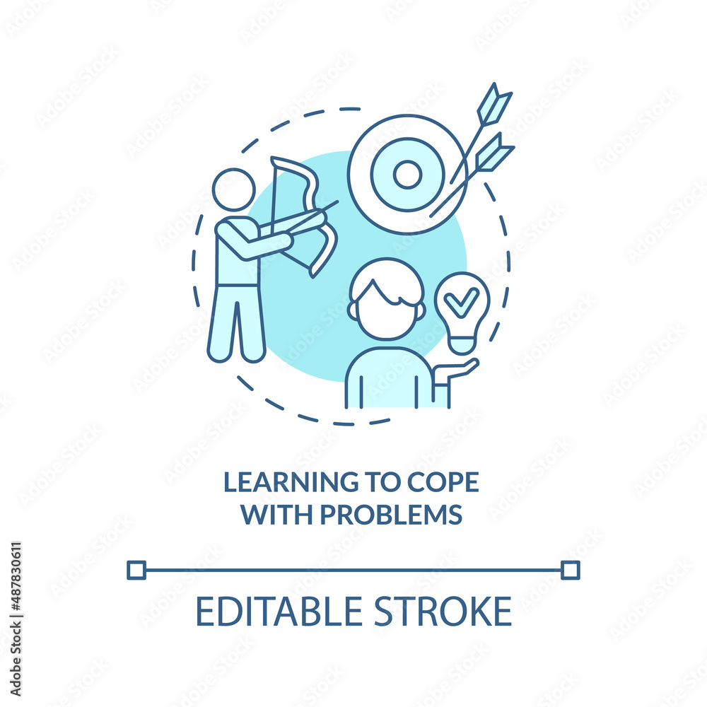 Learning to cope with problems turquoise concept icon. Coping mechanisms abstract idea thin line illustration. Isolated outline drawing. Editable stroke. Arial, Myriad Pro-Bold fonts used Learning to cope with problems turquoise concept icon. Coping mechanisms abstract idea thin line illustration. Isolated outline drawing. Editable stroke. Arial, Myriad Pro-Bold fonts used