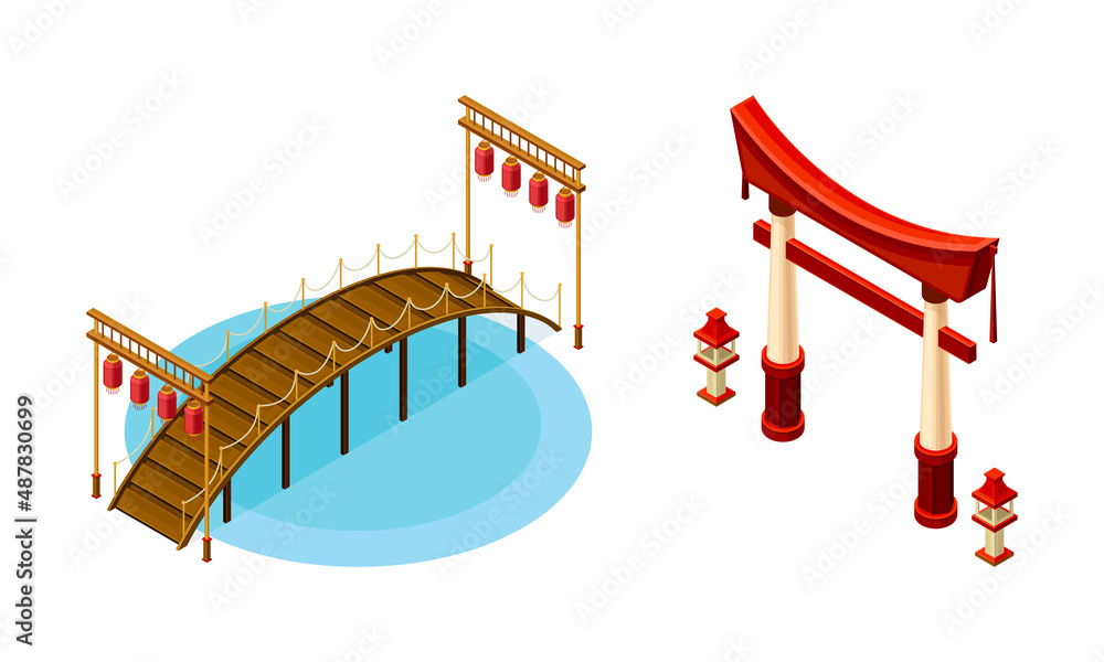 Wooden Bridge with Balustrade Railing and Gate as Asian Architecture Isometric Vector Illustration Set Wooden Bridge with Balustrade Railing and Gate as Asian Architecture Isometric Vector Illustration Set