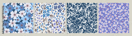 Ditsy liberty style seamless patterns. Set of summer daisy flowers in white and blue. Simple flat modern drawing. Floral texture collection for textile and fashion design. Spring botanical print.