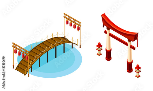 Wooden Bridge with Balustrade Railing and Gate as Asian Architecture Isometric Vector Illustration Set