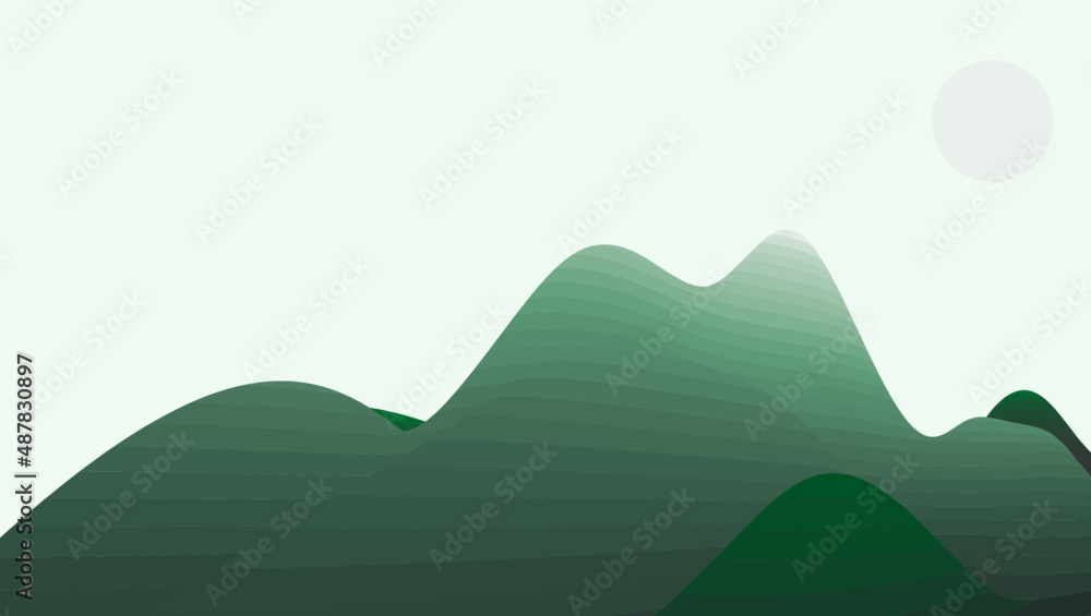 Color layer of Mountain geometry contour line with hill and forest, under large sun. Vector illustration.