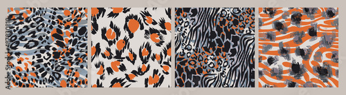 Seamless animal skin fashion patterns. Spotted and striped abstract geometric backgrounds. Set of decorative leopard, tiger and zebra fur textures. Luxury trendy textile print swatches.