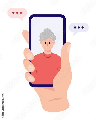 A hand is holding a mobile phone with touch screen. Incoming video call with mother or grandmother. The concept of caring for the elderly people. Flat vector illustration isolated on white background.