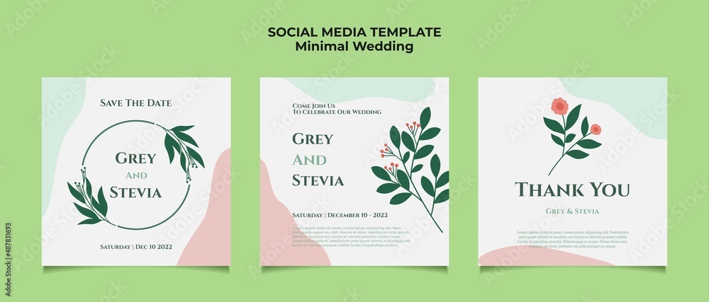 Minimal wedding invitation template for social media post with simple abstract background and flat vector floral ornament and soft pastel color