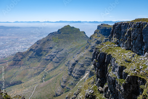 view from the Table Mountain in Cape Town South Africa, view over the ocean, and Lion's Head from Table Mountain Cape Town. 