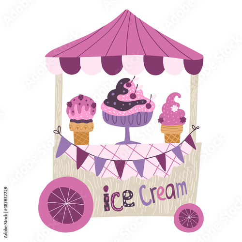 Vector hand drawn style wooden ice-cream counter with ice-cream