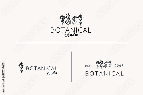 Collection of Premade Hand Drawn Logo with Wild Flower and Leaves. Logo for spa and beauty salon, boutique, organic shop, wedding, floral designer, interior, photography, cosmetic. Floral element