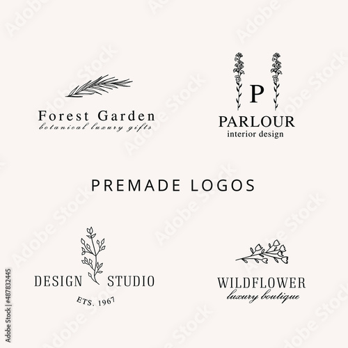 Collection of Premade Hand Drawn Logo with Wild Flower and Leaves. Logo for spa and beauty salon, boutique, organic shop, wedding, floral designer, interior, photography, cosmetic. Floral element