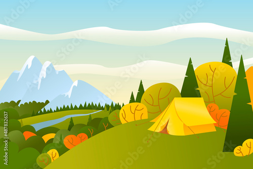 Summer landscape with camping tent in the mountains. Vector illustration with tent, forest, river in flat style. Perfect for flyer, poster or promotion design.
