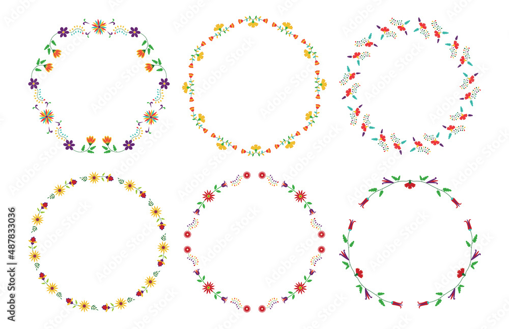 Set of floral circle frames. Style of Mexican embroidery Otomi. Vector illustration. Set of floral circle frames. Style of Mexican embroidery Otomi. Vector illustration.