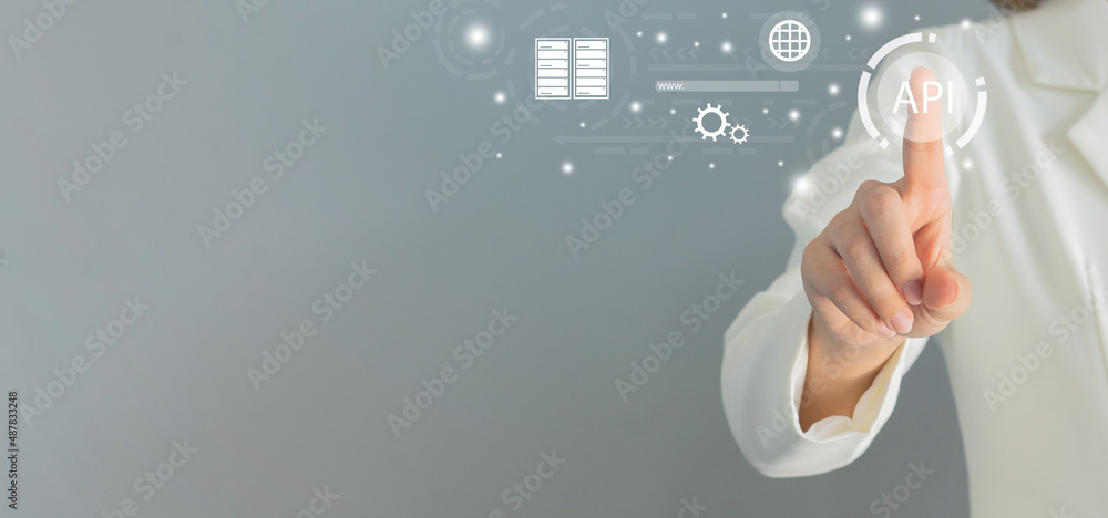 close up businesswoman hand touch on API software programming to synchronize and transfer data from database to website for technology business concept close up businesswoman hand touch on API software programming to synchronize and transfer data from database to website for technology business concept