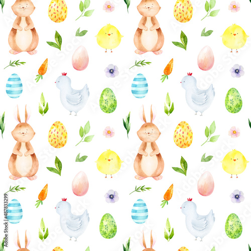 Watercolor Easter eggs seamless pattern. Happy Easter holiday background. Cute Easter bunny and chicken illustration. Spring flower seamless paper