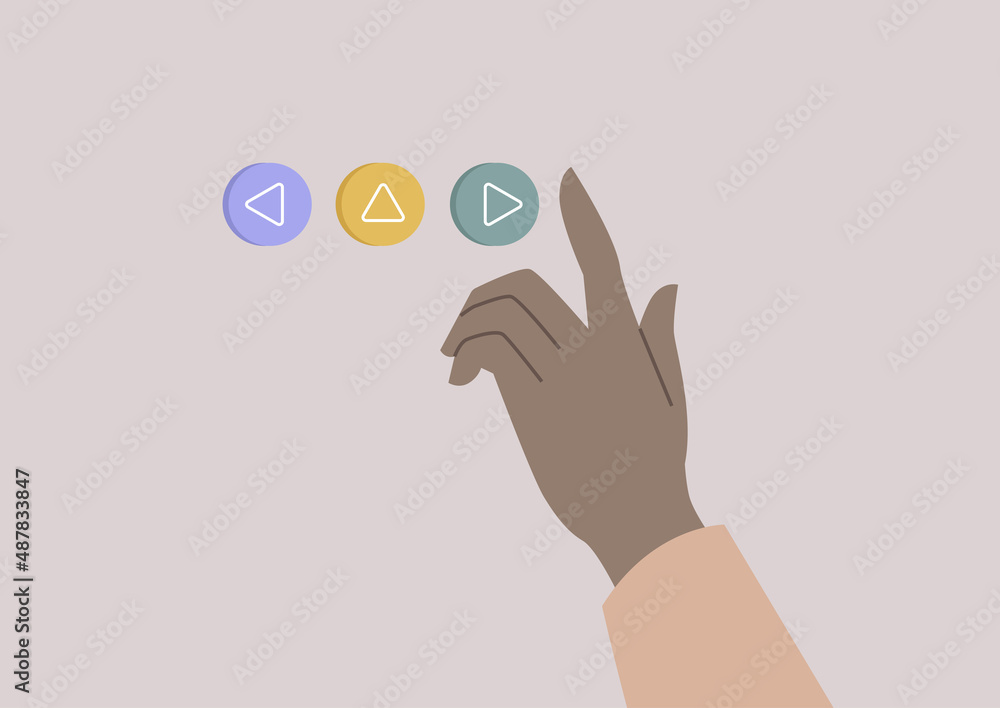 A hand pushing a button, navigational equipment, choice of direction A hand pushing a button, navigational equipment, choice of direction