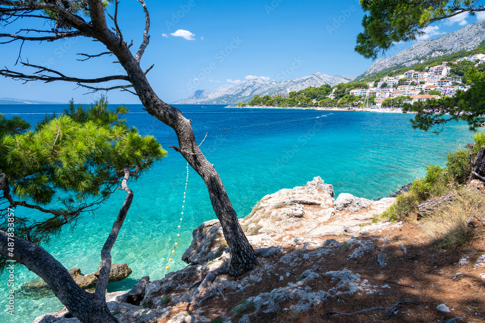 beautiful coast with azure sea in Brela on Makarska riviera in Dalmatia in Croatia