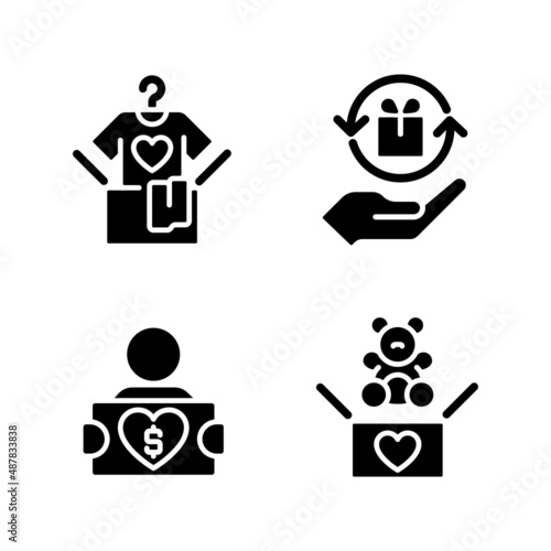 Donating used goods black glyph icons set on white space. Second hand clothes. Charitable group. Send stuffed toys to orphanage. Silhouette symbols. Solid pictogram pack. Vector isolated illustration