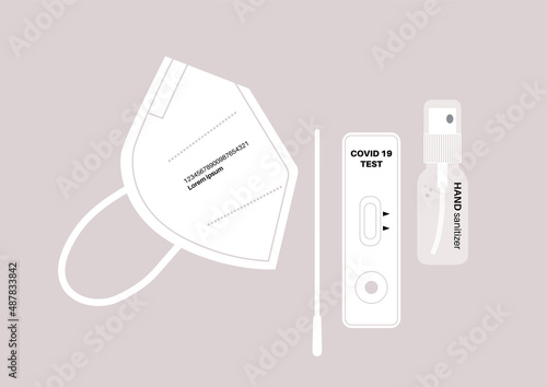 A coronavirus express PCR test, a protective mask with filter, and a bottle of hand sanitizer