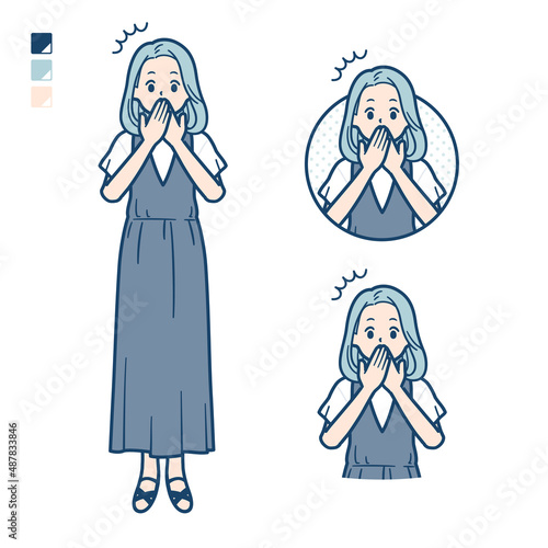 ノースリーブワンピースを着た若い女性が口をおさえて驚いているイラスト
