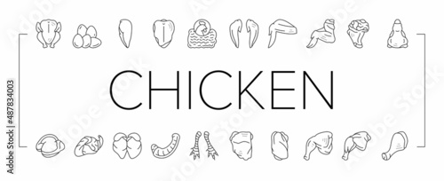 Chicken Animal Farm Raw Meat Food Icons Set Vector .