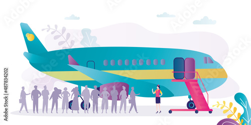Passengers waiting for boarding near airplane. Flight attendant controls queue when boarding plane