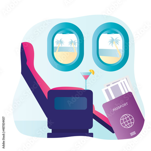nterior of comfortable business class in airplane. Time to travel. Advertising banner on theme of dream travel
