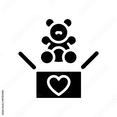Toys donation black glyph icon. Children charity. Providing unwanted stuffed animals. Helping less fortunate kids. Silhouette symbol on white space. Solid pictogram. Vector isolated illustration