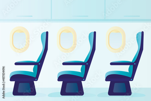 Passenger airplane interior. Empty aircraft cabin. Transportation cabin seats. Plane interior for comfortable tourism, travel salon. No people.