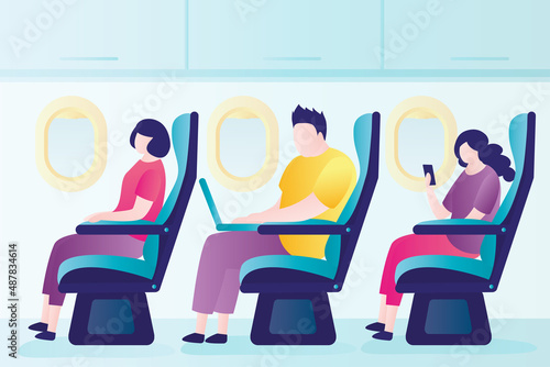 During flight, people go about their business. Male character working on laptop while flying