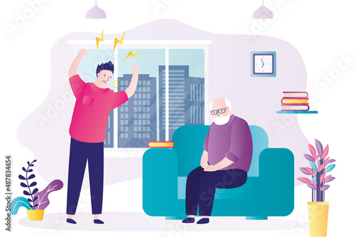 Concept of family violence and bad relations between relatives. Adult son yells at elderly father