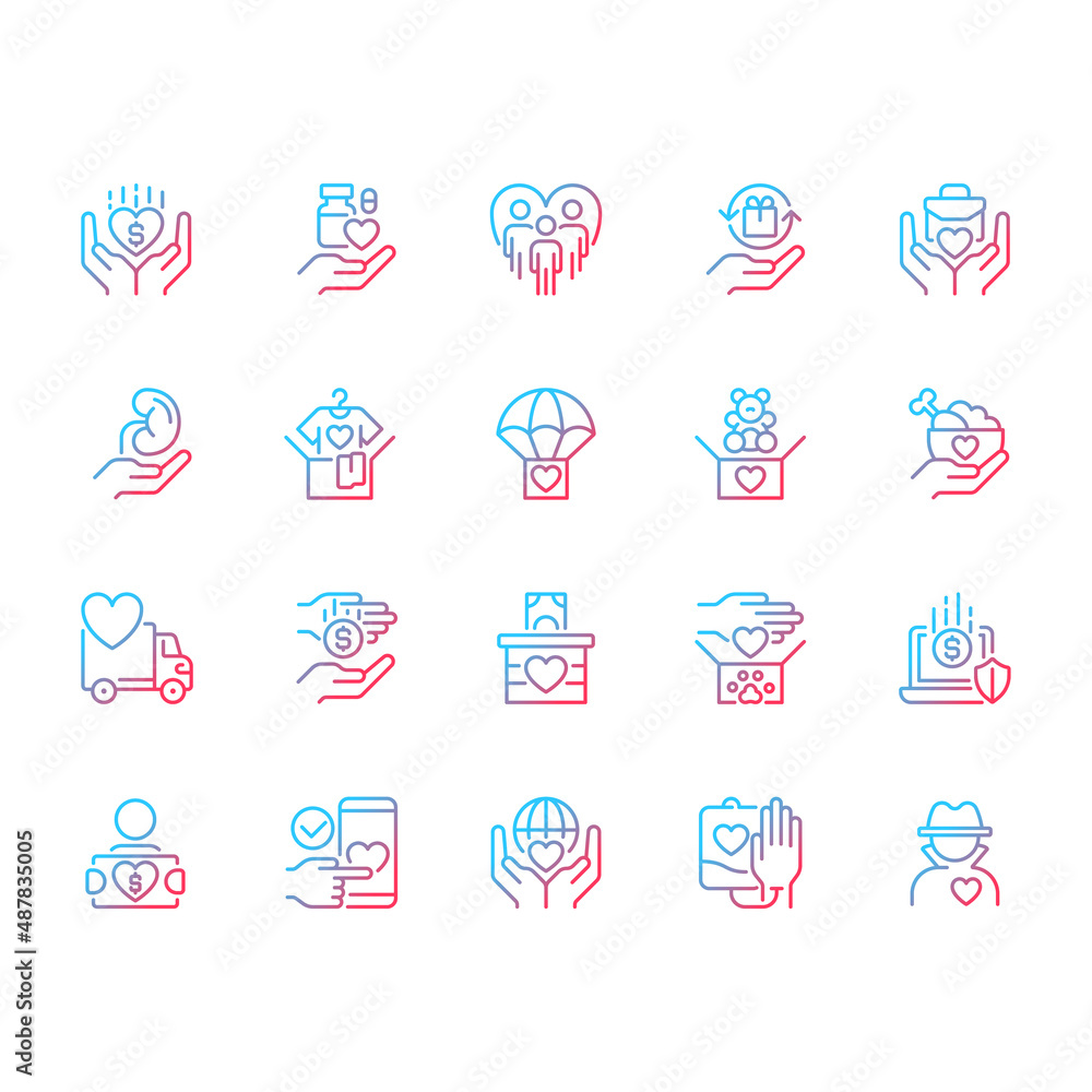 Donation opportunities gradient linear vector icons set. Giving items away for free. Charitable organization. Thin line contour symbol designs bundle. Isolated outline illustrations collection Donation opportunities gradient linear vector icons set. Giving items away for free. Charitable organization. Thin line contour symbol designs bundle. Isolated outline illustrations collection