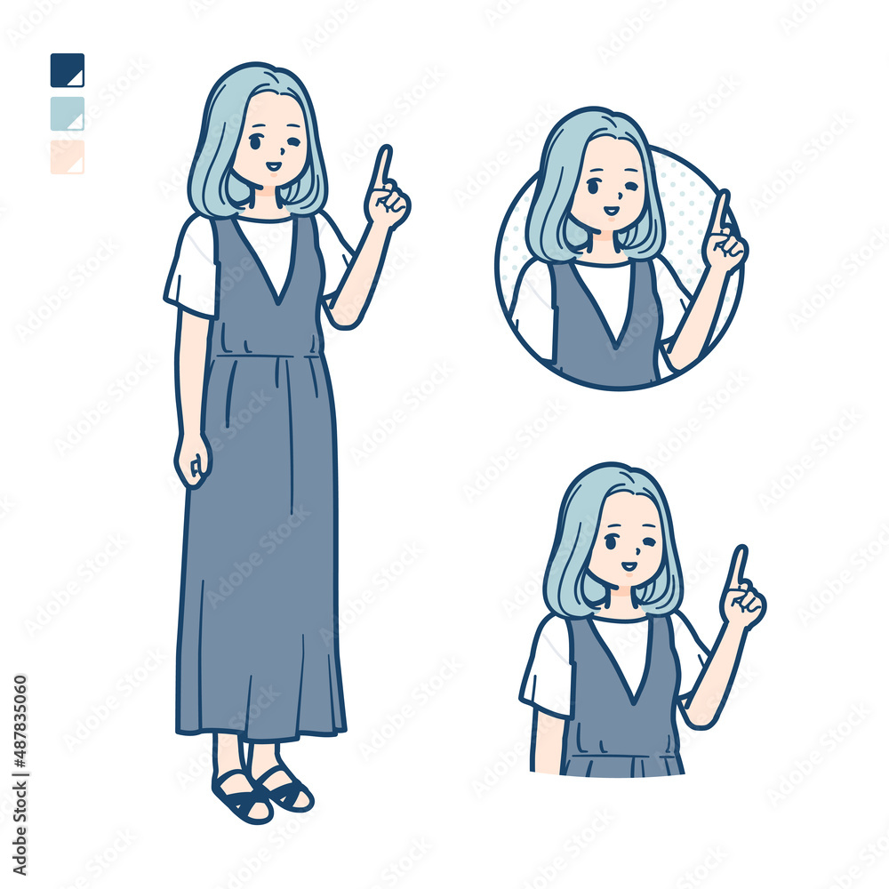 ノースリーブワンピースを着た若い女性が指差ししているイラスト