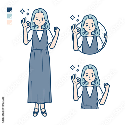 ノースリーブワンピースを着た若い女性が挨拶をしているイラスト