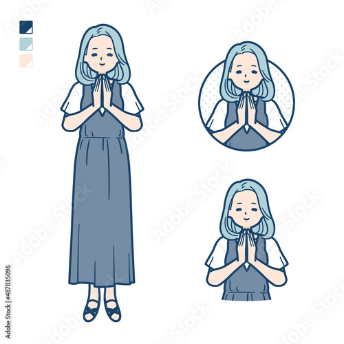 ノースリーブワンピースを着た若い女性が合掌しているイラスト