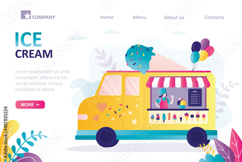 Street food landing page, template. Trailer with various ice cream on showcase. Ice-cream food truck. Woman sales takeaway desserts. Street cafe. Van minibus, meals on wheels. Small business.
