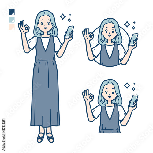 ノースリーブワンピースを着た若い女性がスマートフォンを持ちOKサインをしているイラスト