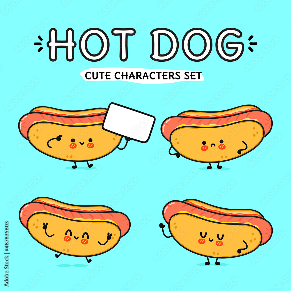 Funny cute happy hot dog characters bundle set. Vector kawaii line cartoon style illustration. Isolated on white background. Cute taco mascot character collection Funny cute happy hot dog characters bundle set. Vector kawaii line cartoon style illustration. Isolated on white background. Cute taco mascot character collection