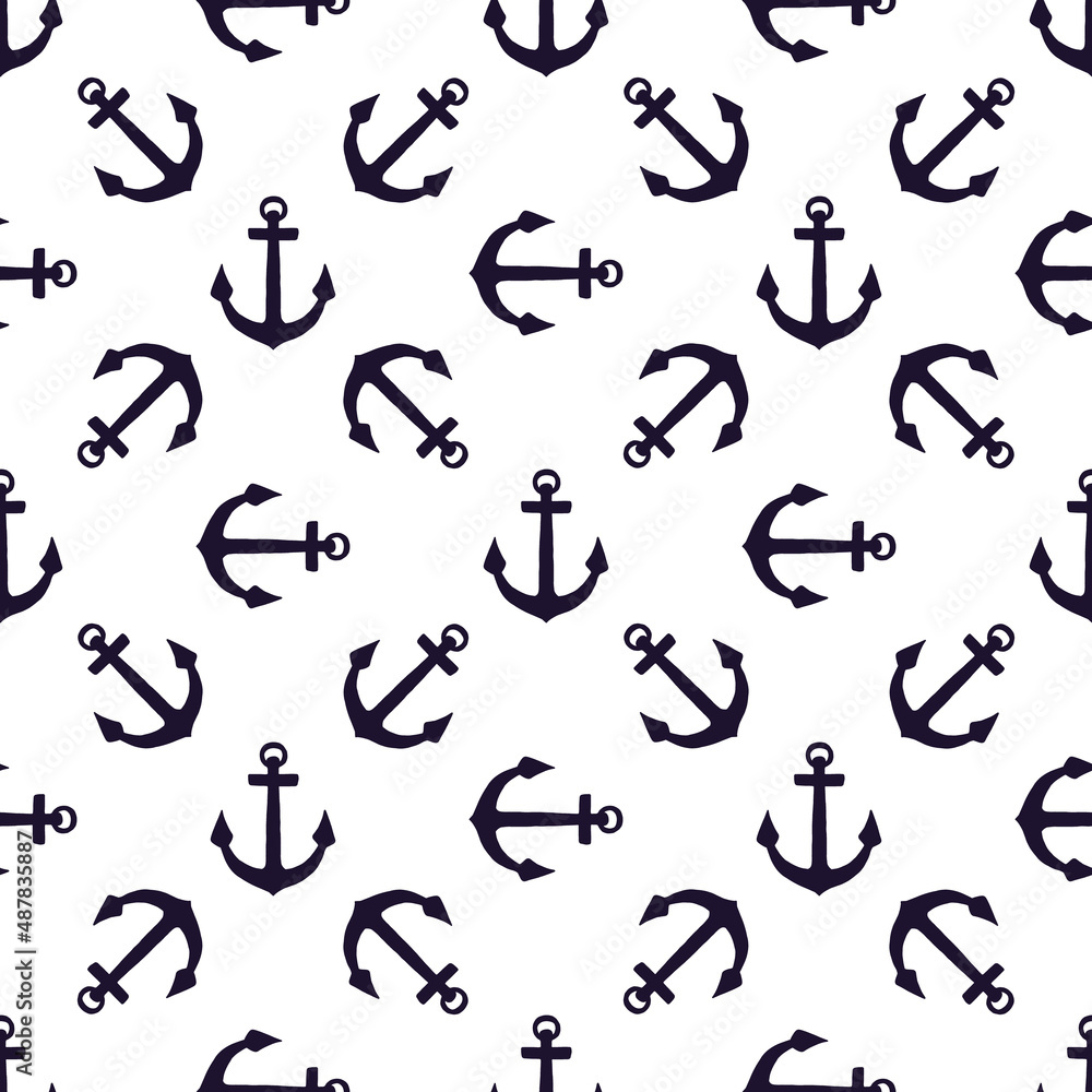 Silhouette of anchors seamless pattern. Vector black doodle sketch illustration on white background.