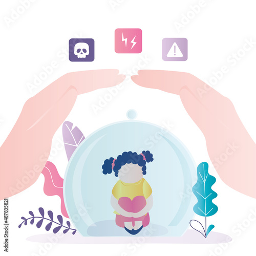 Little girl closed under glass dome. Parents shelter daughter from all dangers. Concept of overprotection of children. Lonely teenager sitting under protection. Big hands cover glass jar.