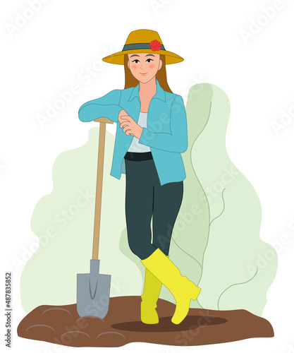 A young woman in a straw hat and yellow boots digs the ground in the garden. Vector illustration isolated on white background