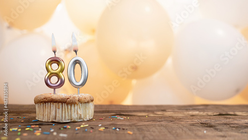 Happy birthday card with candle number 80 in a cupcake against the background of balloons. Copy space happy birthday for eighty years old