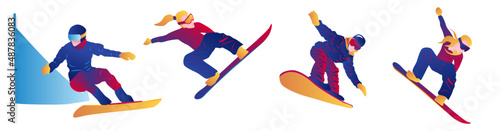 Men and women doing sports exercises on a snowboard. Vector graphic illustration