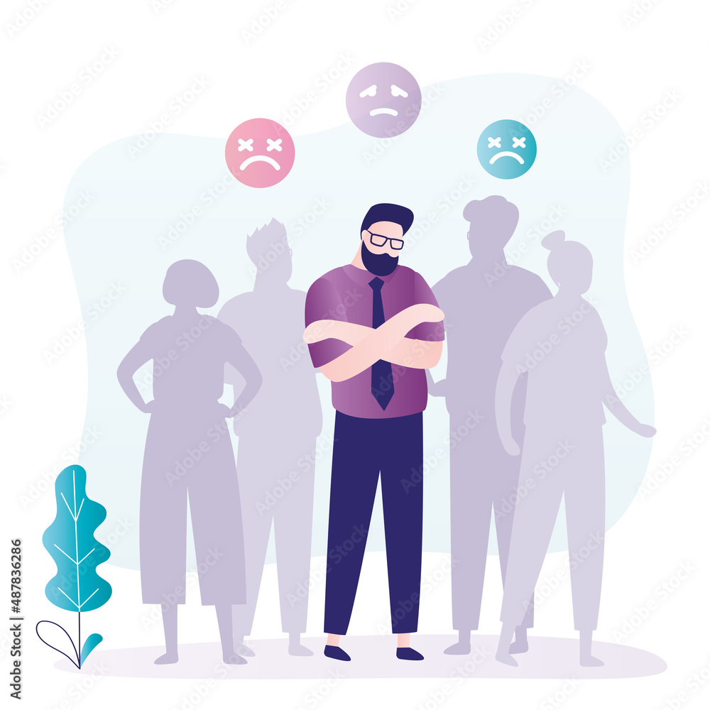 Sad male character among people. Unhappy man feels alone in crowd. Guy experiencing different emotions Sad male character among people. Unhappy man feels alone in crowd. Guy experiencing different emotions