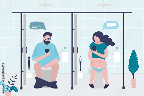 Man and woman uses smart gadgets and pissing, pooping in toilet. People in restroom. Young adults visit toilet and chatting with friends or surfing Internet. Lavatory interior.